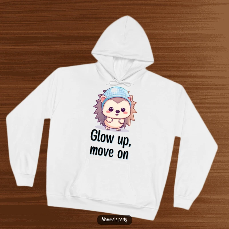 Funny Hedgehog Hoodie: A cute kawaii hedgehog wearing a miniature disco ball helmet, radiating festive energy and joy.