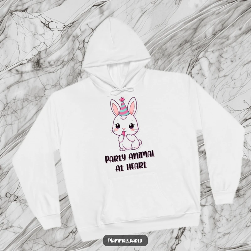 Funny kawaii bunny wearing a party hat, attempting to blow a noisemaker, on a cozy hoodie, festive vibes.