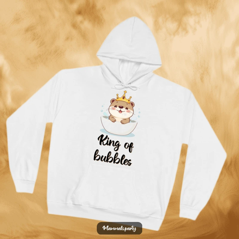 Funny Kawaii Otter in a crown, joyfully bathing in bubbles, a comfortable hoodie designed for ultimate cozy relaxation and fun.