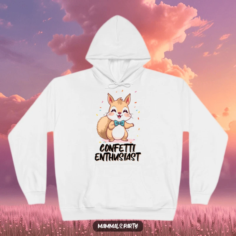 Funny Kawaii Squirrel in a tiny bow tie, joyfully tossing confetti, creating a festive and warm atmosphere on a hoodie.