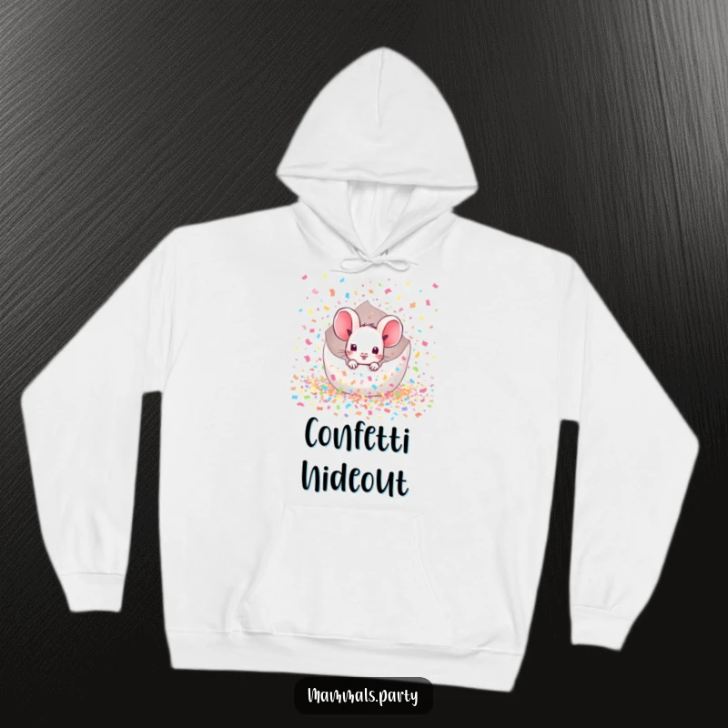 Funny Mouse Hoodie: A cute kawaii mouse emerges from a vibrant explosion of confetti, radiating happiness and fun.