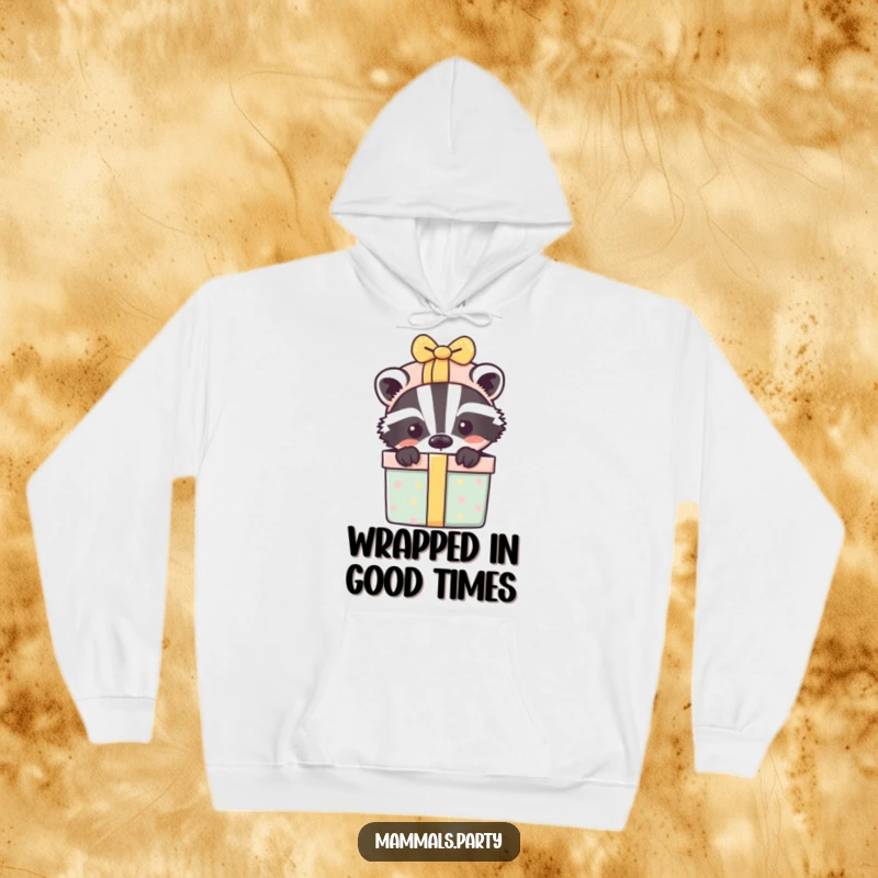 Funny hoodie featuring a playful badger peeking from behind an abundant gift box, offering warmth and fun.
