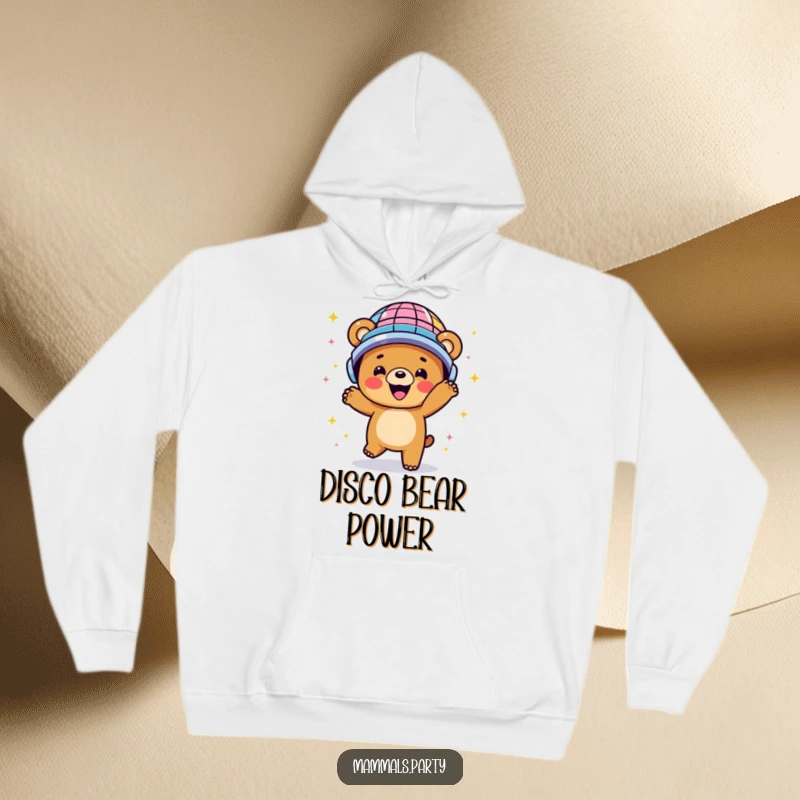 Funny hoodie featuring a happy bear dancing energetically in a disco ball helmet, offering cozy retro fun.