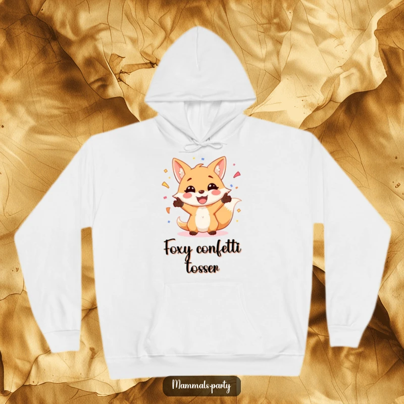Funny Fox Hoodie: A cheerful fox enthusiastically juggles colorful confetti, radiating a sense of pure, unadulterated celebration and fun.