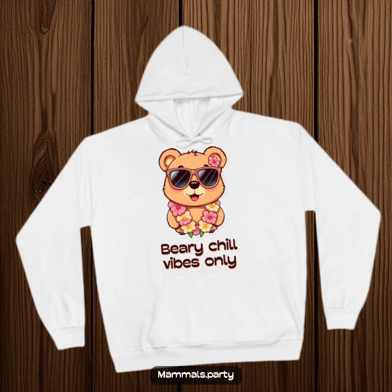Funny hoodie showcasing a curious bear character in oversized sunglasses and a festive lei, offering a warm and humorous vacation-themed design.