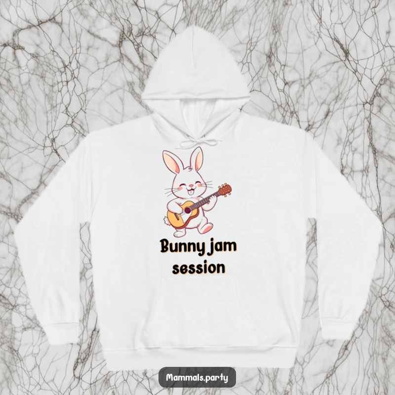 Funny hoodie illustrating a cheerful rabbit playing a small guitar with a wide smile, perfect for music lovers seeking cozy humor.