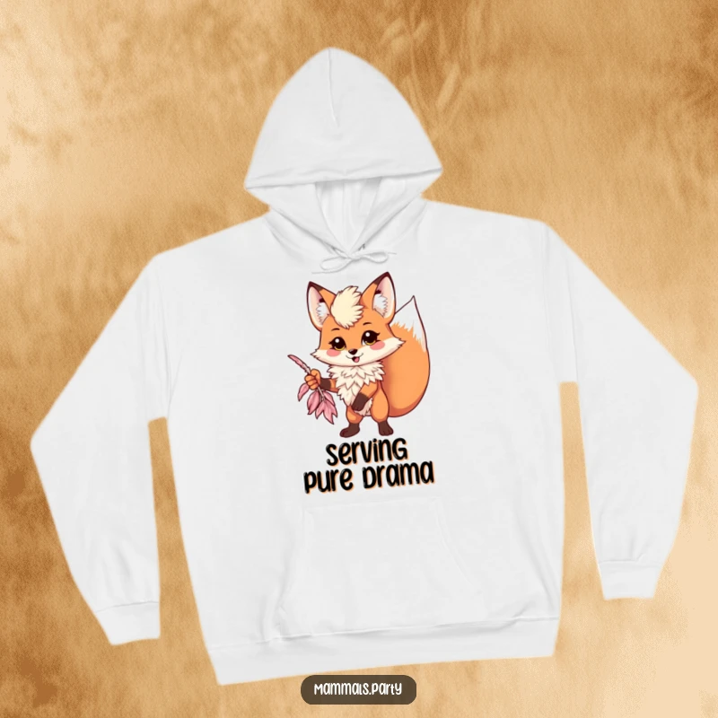 Funny kawaii fox wearing a feather boa striking a dramatic pose on a cozy hoodie, offering glamorous humor.