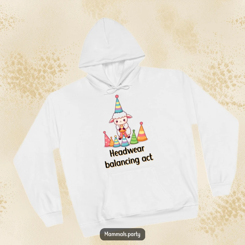 Funny Sheep Hoodie: Soft kawaii sheep hilariously balancing party hats, offering humorous comfort and festive vibes.