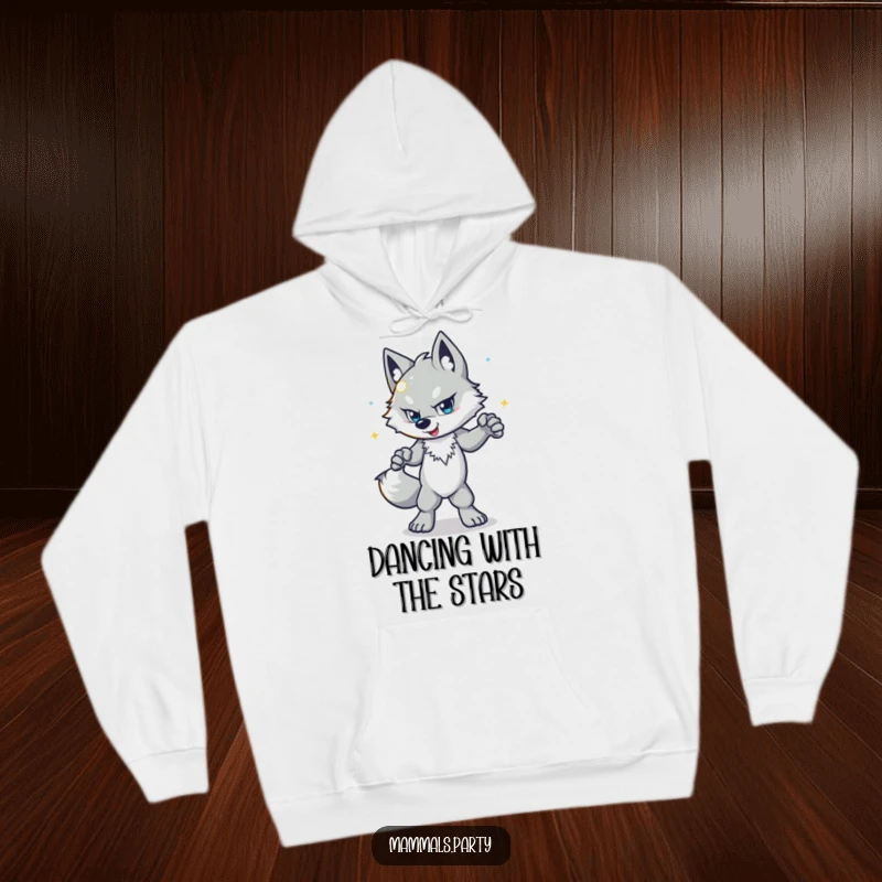Funny wolf hoodie featuring a determined character mid-disco dance with a shiny ball, perfect for cozy party vibes.