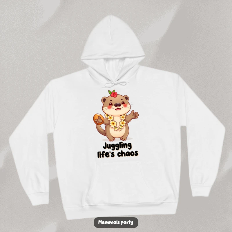 Funny hoodie featuring a playful otter wearing a lei and juggling coconuts, embodying a cheerful tropical vibe and relaxed fun.