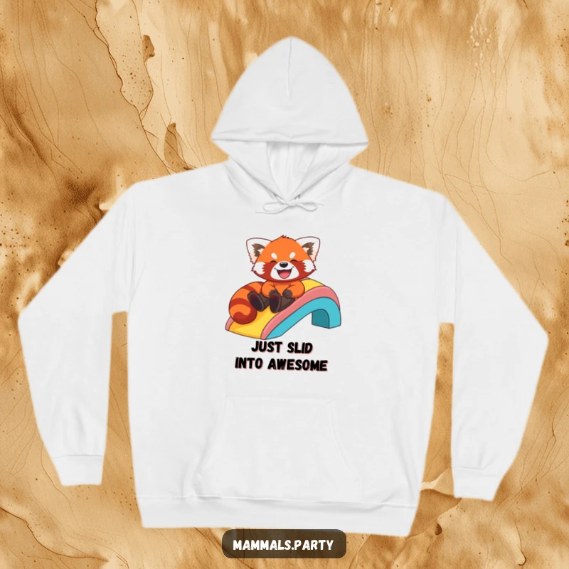 Funny hoodie with a laughing red panda enjoying a ride down a bright rainbow slide, a symbol of pure bliss.