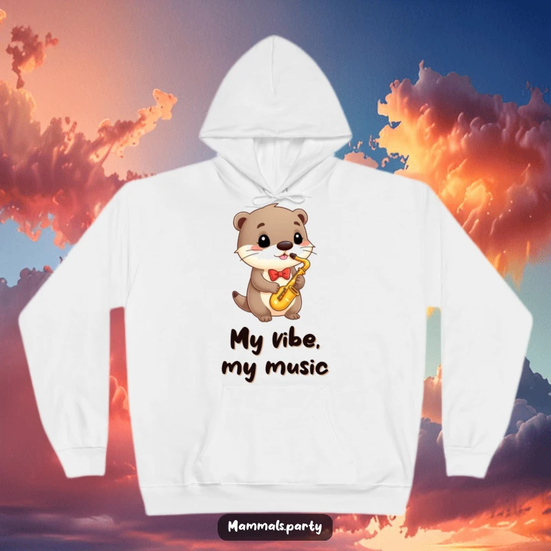 Funny Hoodie with an elegant otter wearing a bowtie, playing a tiny saxophone, bringing a smile with its musical charm.