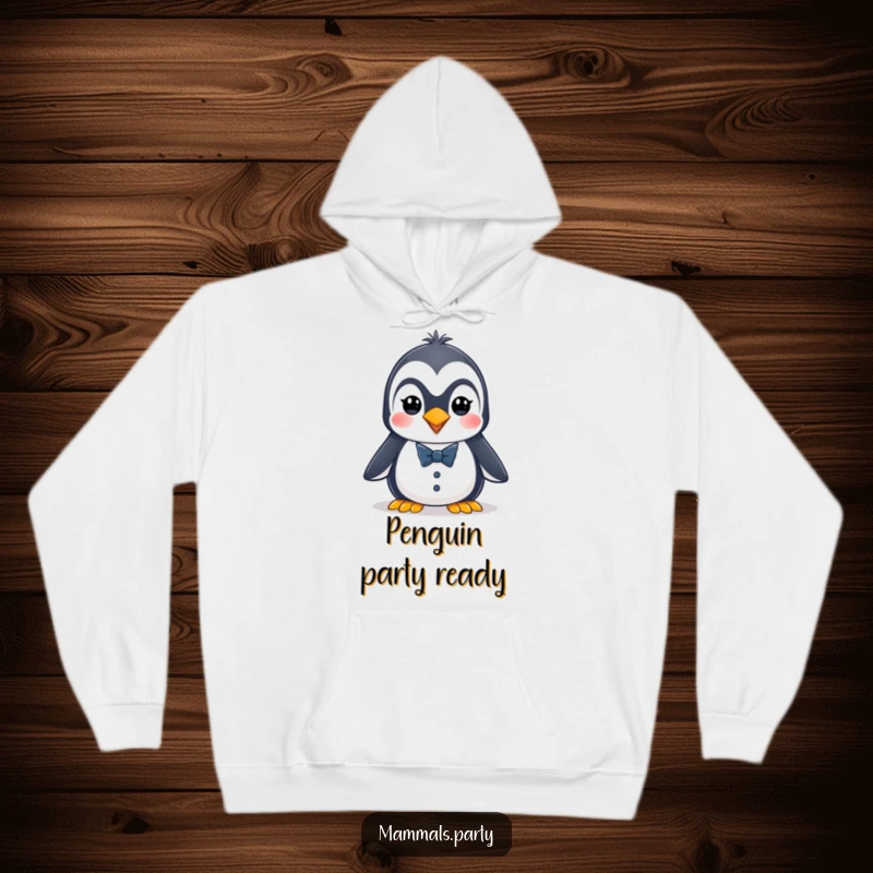 Funny penguin hoodie featuring an energetic character in a tiny tuxedo, perfect for cozy and dapper moments.