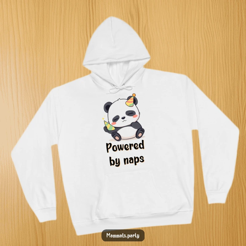 Funny Panda Hoodie: A sleepy panda with a mischievous glint holds a tiny party horn, offering cozy comfort and playful vibes.