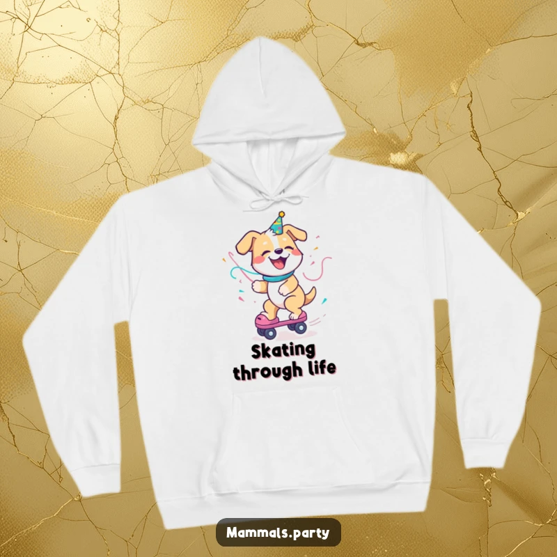 Funny Dog Hoodie showing a delighted dog with a party streamer, enthusiastically riding a roller skate, bringing warmth and playful energy.