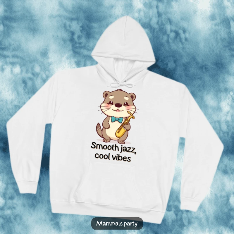 Funny Otter Hoodie with a bowtie playing a miniature saxophone, perfect cozy wear for music lovers.