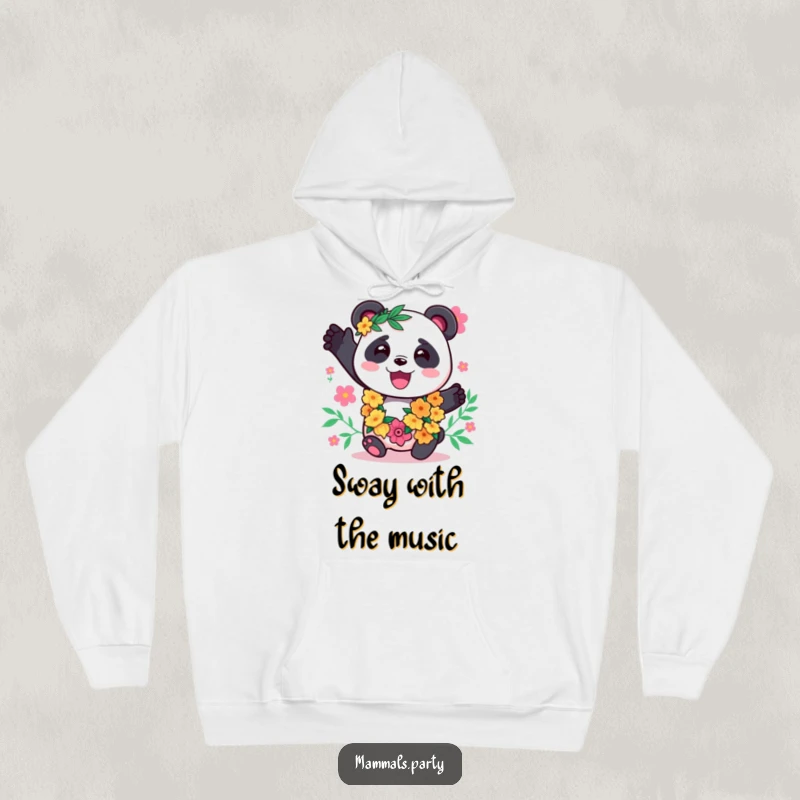 Funny Panda Hoodie: A cute kawaii panda adorned with a festive lei, swaying rhythmically to music, exuding cheerful vibes.