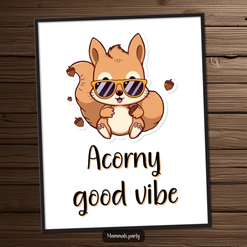 Funny free printable wall art of a kawaii squirrel wearing sunglasses, expertly DJing with acorns, adding cool vibes.
