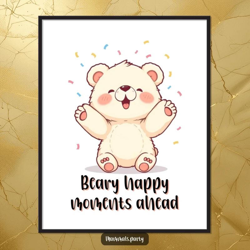 Funny Free Printable Wall Art of a fluffy bear cub joyfully tossing confetti upwards with both paws, vibrant decor.