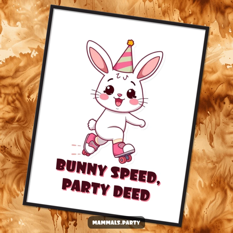 Funny Free Printable Wall Art of a cheerful bunny wearing a party hat and zooming on roller skates.