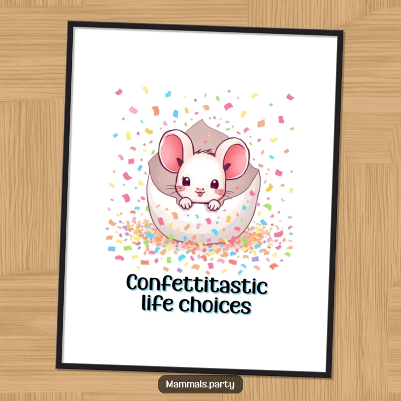 Funny Free Printable Mouse Wall Art peeking from a giant burst of confetti, downloadable art.
