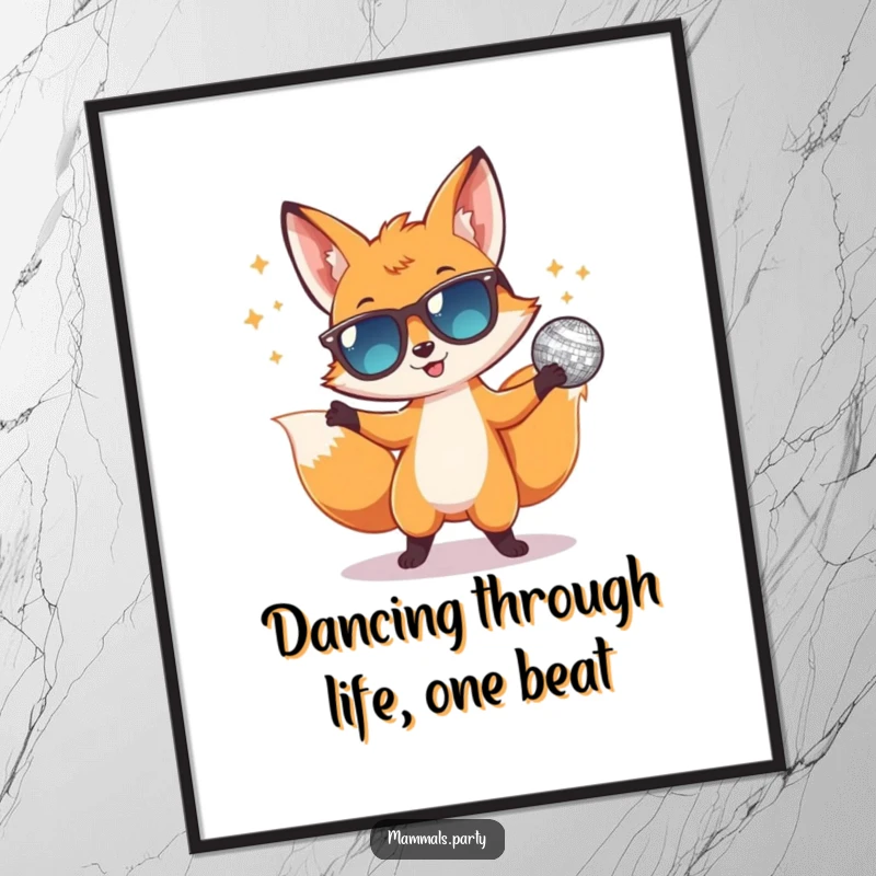 Funny Free Printable Wall Art: A happy fox wearing tiny sunglasses, energetically dancing with a sparkling disco ball.