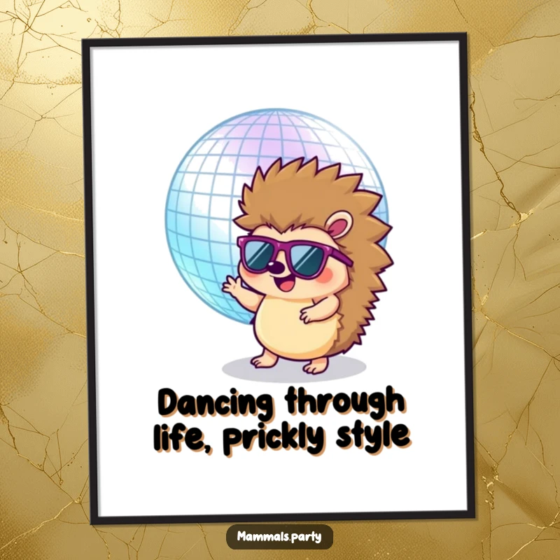 Funny Free Printable Wall Art: A happy hedgehog in sunglasses disco dancing with a giant, sparkling disco ball.