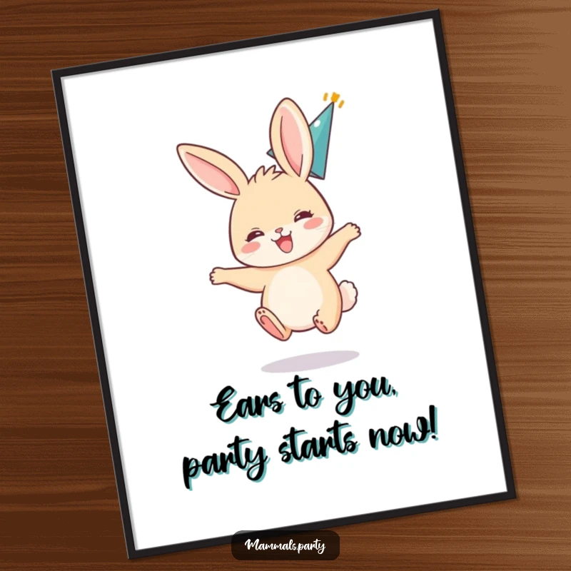 Funny Free Printable Wall Art of a small bunny bouncing excitedly with ears flopped back, wearing a party hat, joyful decor.