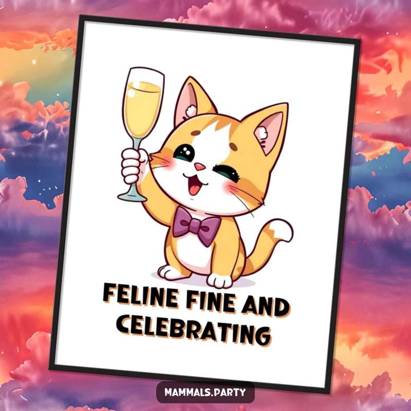 Funny Free Printable Wall Art: A dapper cat in a bow tie, joyfully holding up a sparkling champagne glass.