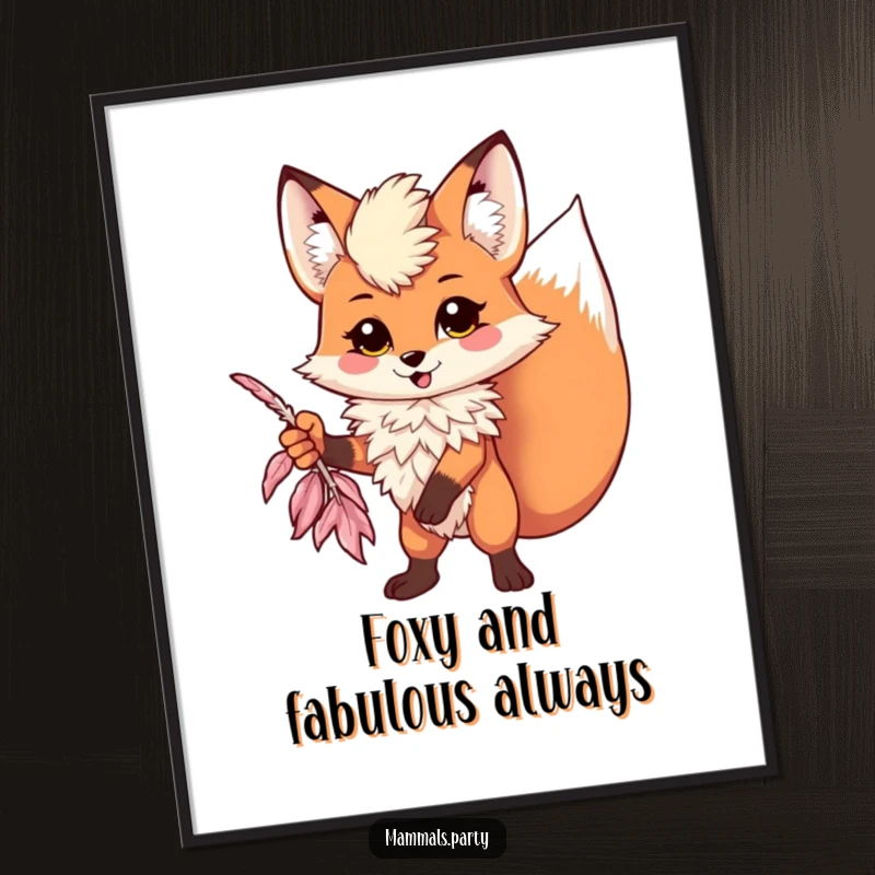 Funny Free Printable Wall Art: A Kawaii fox wearing a flamboyant feather boa strikes a captivating, dramatic pose.