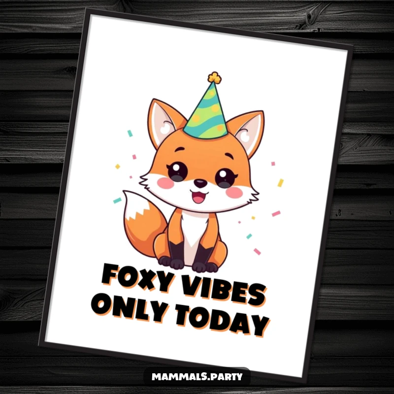 Funny Free Printable Wall Art: A happy fox in a festive party hat, covered in confetti, embodying pure party spirit.