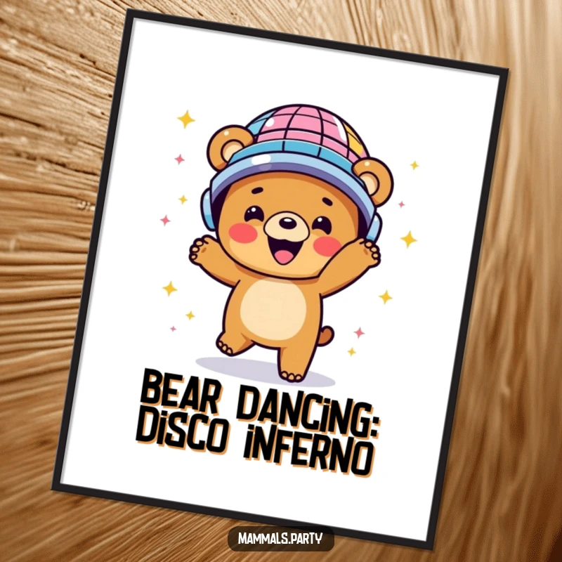 Funny Free Printable Bear Wall Art, a happy bear in a disco ball helmet dancing energetically, full of disco fever.