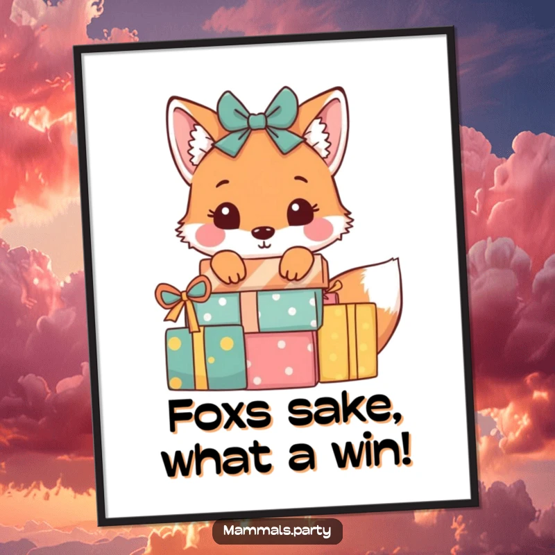 Funny Free Printable Wall Art: A playful fox peeking from behind a large stack of brightly wrapped presents.