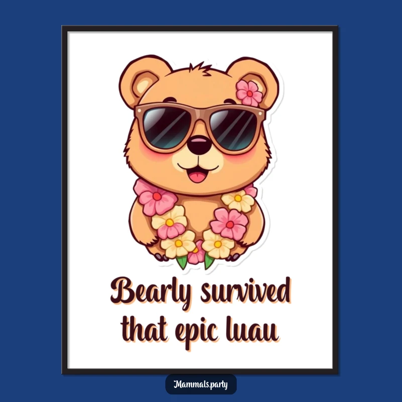 Free Printable Funny Bear Wall Art: Cool Sunglasses Lei Bear Downloadable Decor Gift