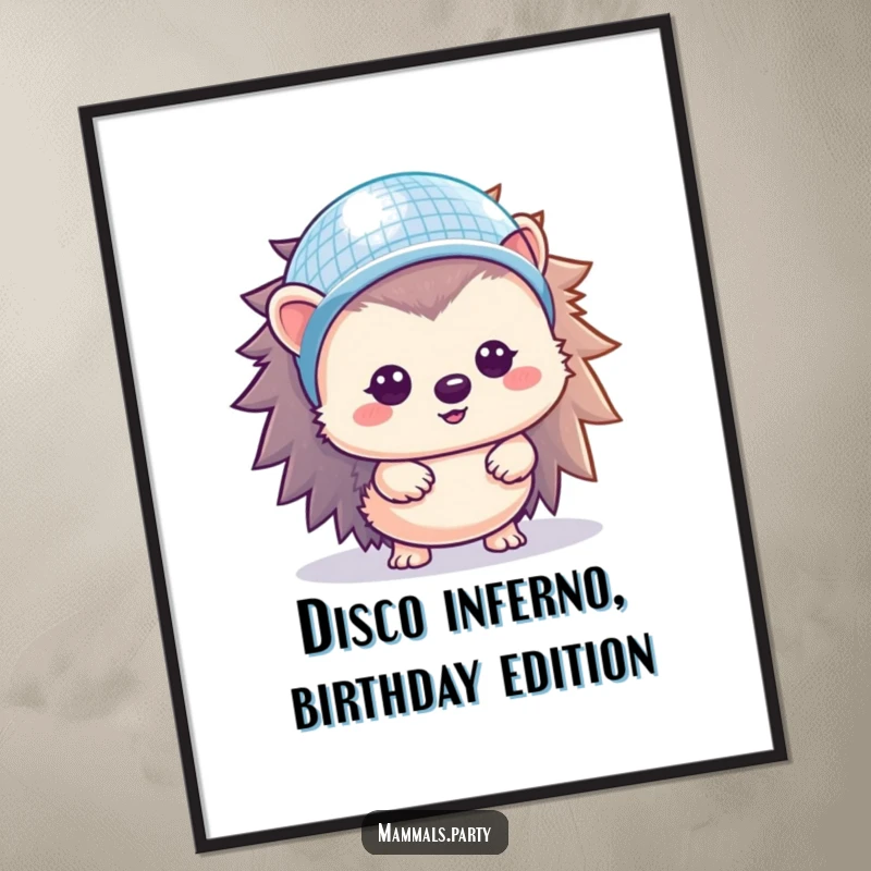 Funny Free Printable Hedgehog Wall Art wearing a disco ball helmet, shining brightly, downloadable art.