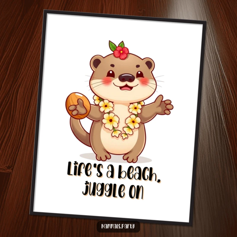 Funny Free Printable Wall Art: A playful otter wearing a colorful lei, skillfully juggling multiple coconuts.