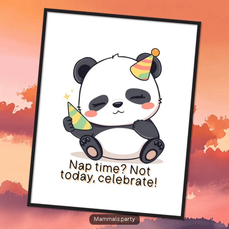 Funny Free Printable Wall Art: A sleepy panda with a mischievous glint holds a tiny party horn.