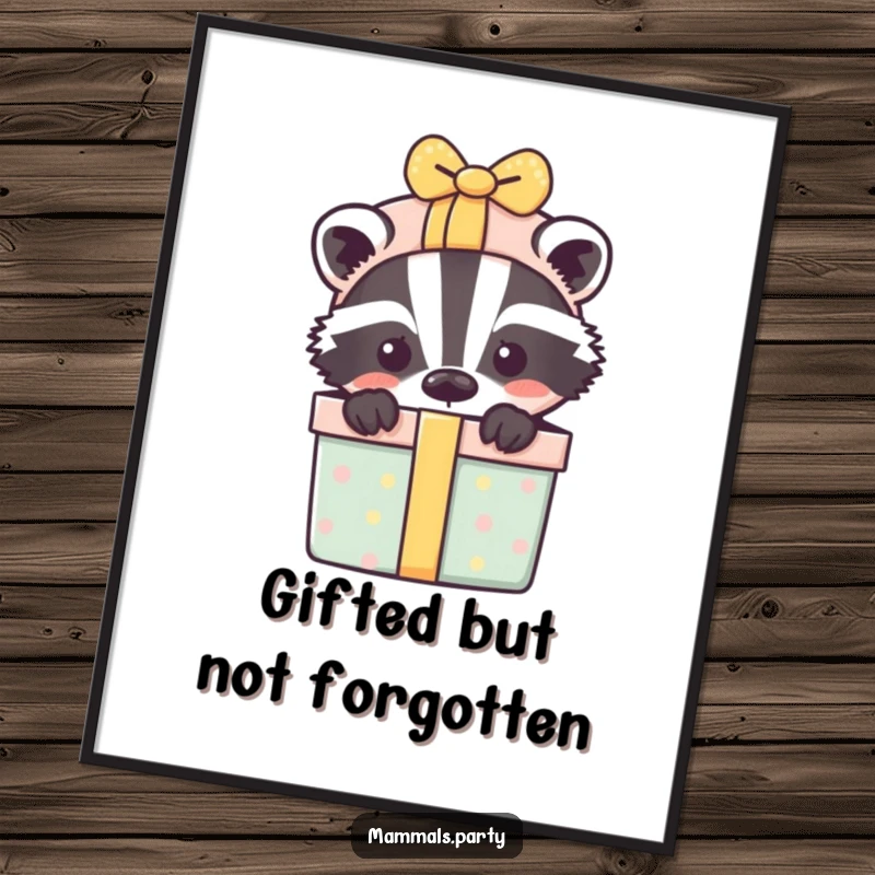 Funny Free Printable Wall Art: Playful badger peeks from a gift box overflowing with treats, adding a humorous touch.