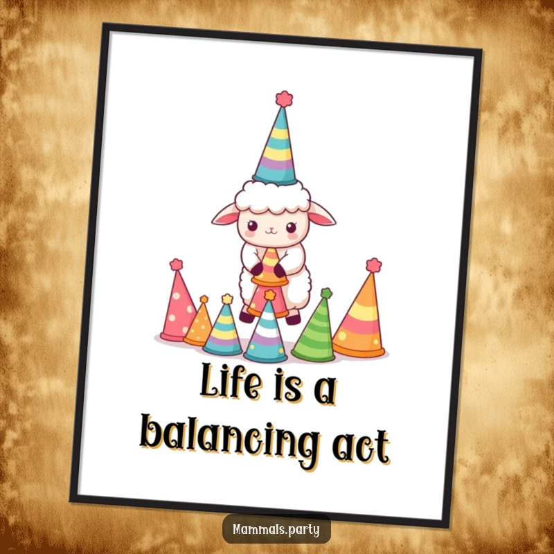 Funny Free Printable Wall Art: A determined kawaii sheep wobbles precariously while balancing a tall tower of colorful party hats.