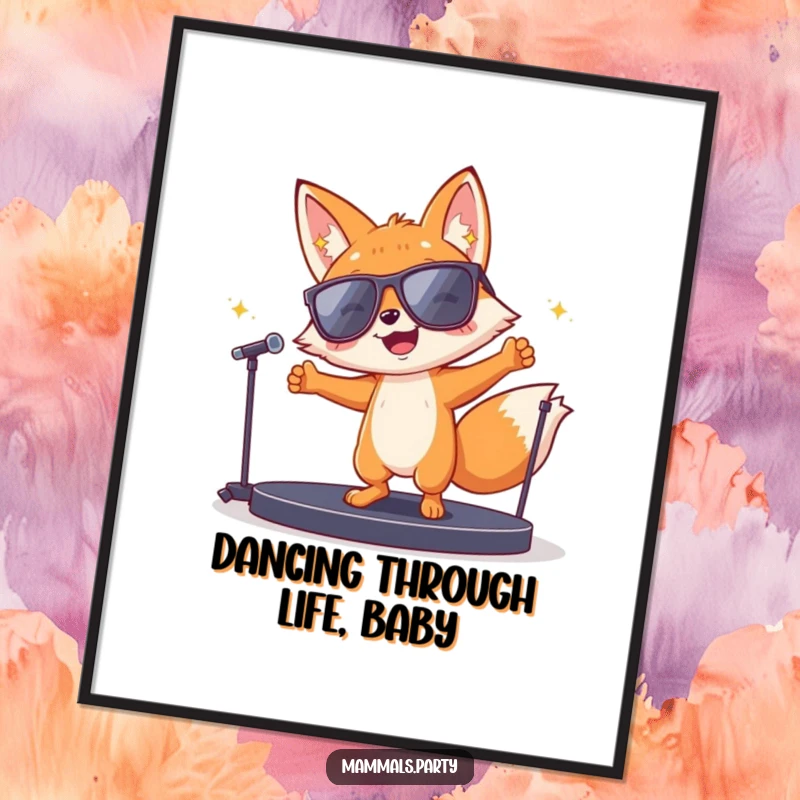 Funny Free Printable Wall Art: A joyful fox wearing sunglasses dancing wildly on a miniature stage, pure party energy.