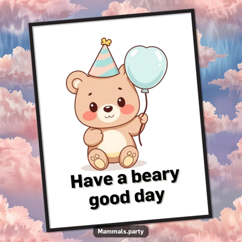 Funny Free Printable Wall Art: A cute bear cub wearing a festive party hat and holding a bright balloon, radiating birthday joy.