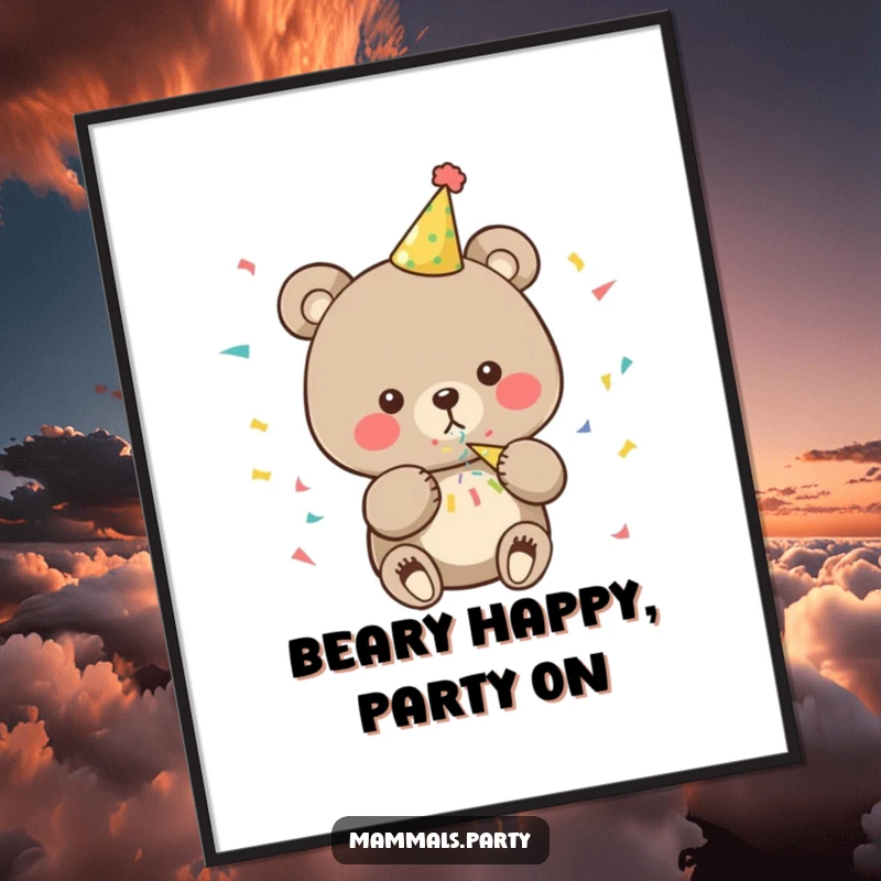 Funny Free Printable Wall Art: A cute bear in a party hat gleefully blows a confetti popper, creating a festive atmosphere.