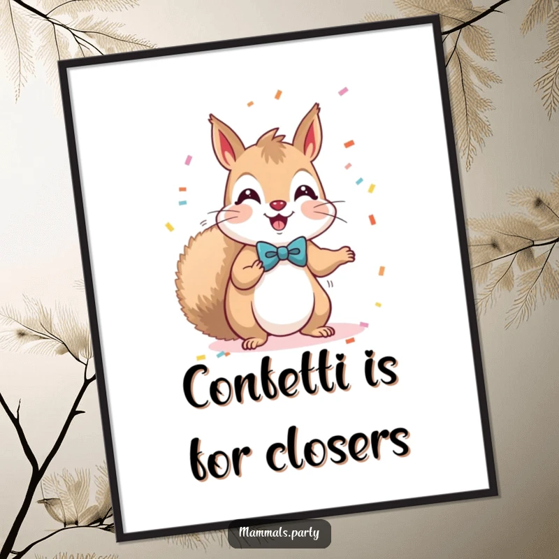 Funny Free Printable Wall Art: A joyful kawaii squirrel in a tiny bow tie, throwing a wave of confetti. Whimsical downloadable art.