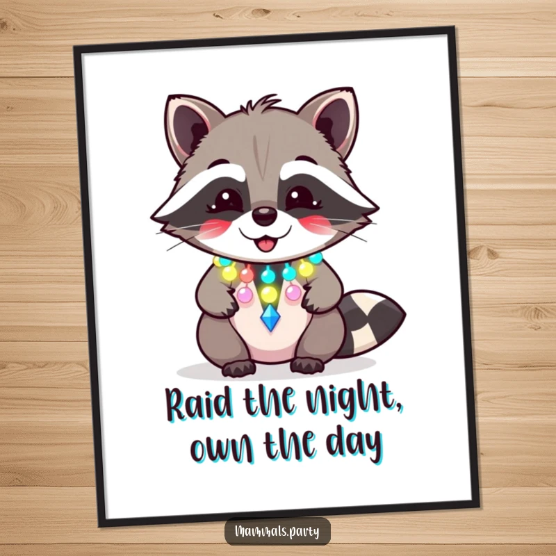 Funny free printable wall art of a giggling raccoon wearing a bright, flashing party necklace, full of playful energy and charm, digital art.