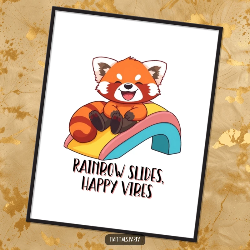 Funny Free Printable Wall Art: Giggling red panda comically slides down a bright rainbow, bringing joy and color.
