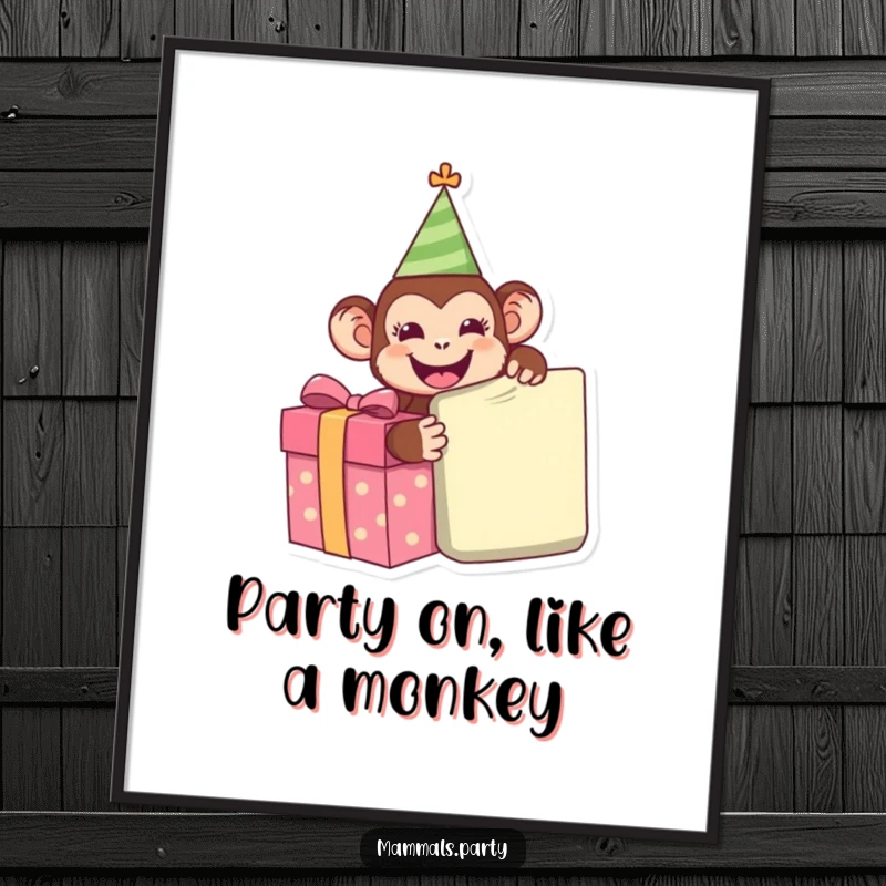 Funny Free Printable Wall Art: A happy monkey wearing a party hat, enthusiastically unwrapping a comically large gift.
