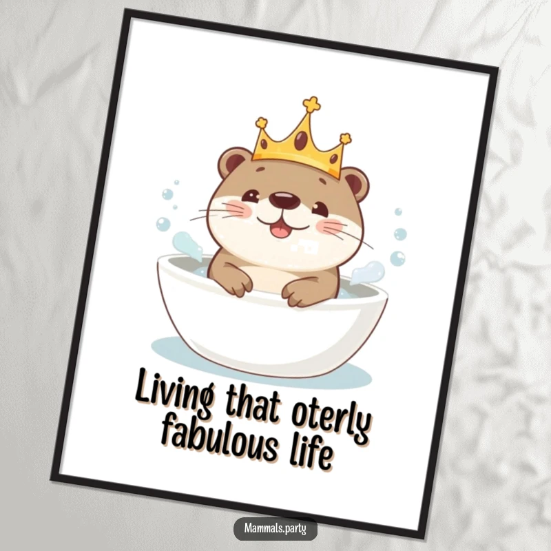 Funny Free Printable Wall Art: A regal kawaii otter adorned with a crown, joyfully splashing in a bubbly bath. Adorable downloadable.