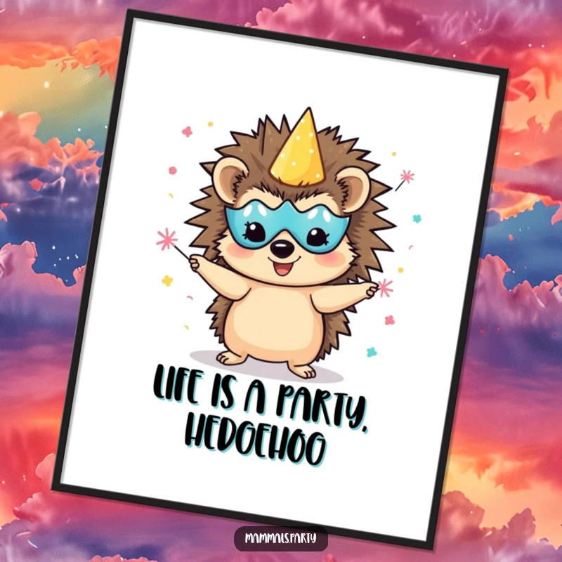 Funny Free Printable Wall Art: Delighted hedgehog character wearing a party mask juggling tiny confetti poppers, festive and fun decor.