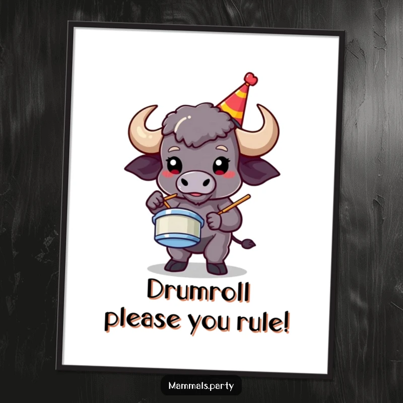 Funny Free Printable Wall Art: Proud buffalo in party hat playing intense air drums, a downloadable piece for music lovers.