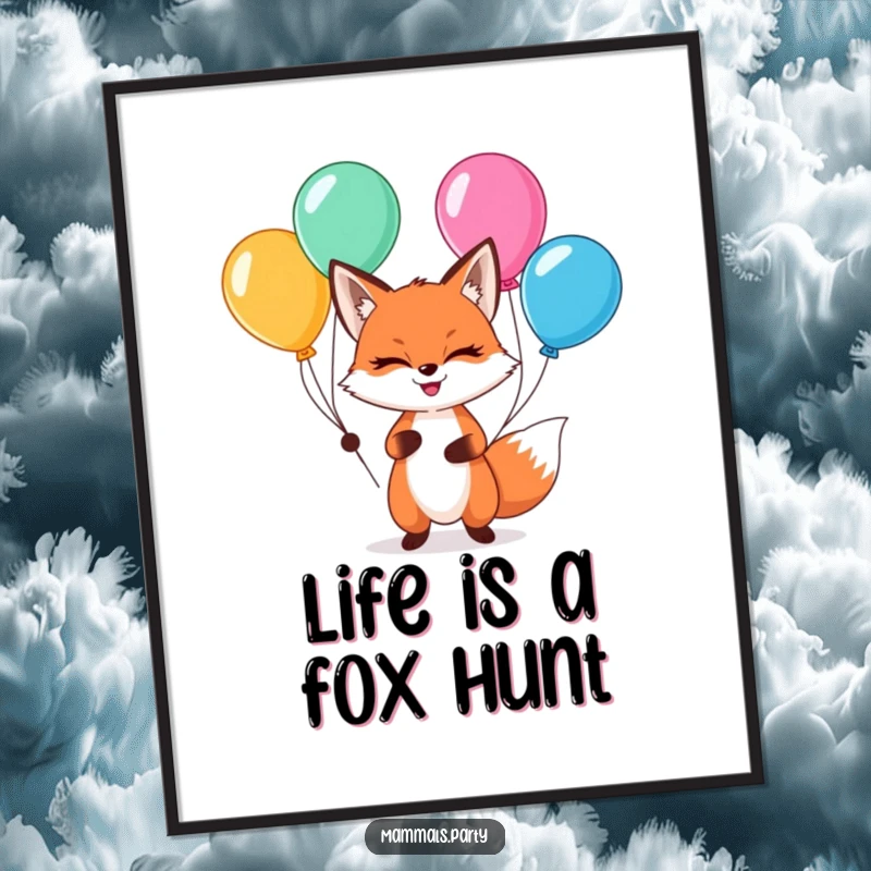 Funny Free Printable Wall Art: A sly kawaii fox with a mischievous grin juggles a colorful array of balloons with impressive skill.